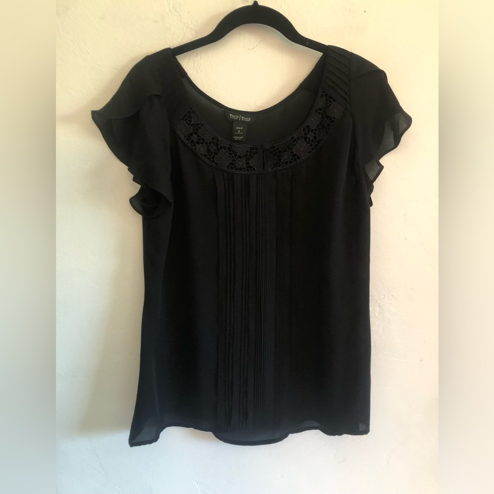 White House Black Market Blouse Women's Short Sleeve Black 100% Silk Size Small